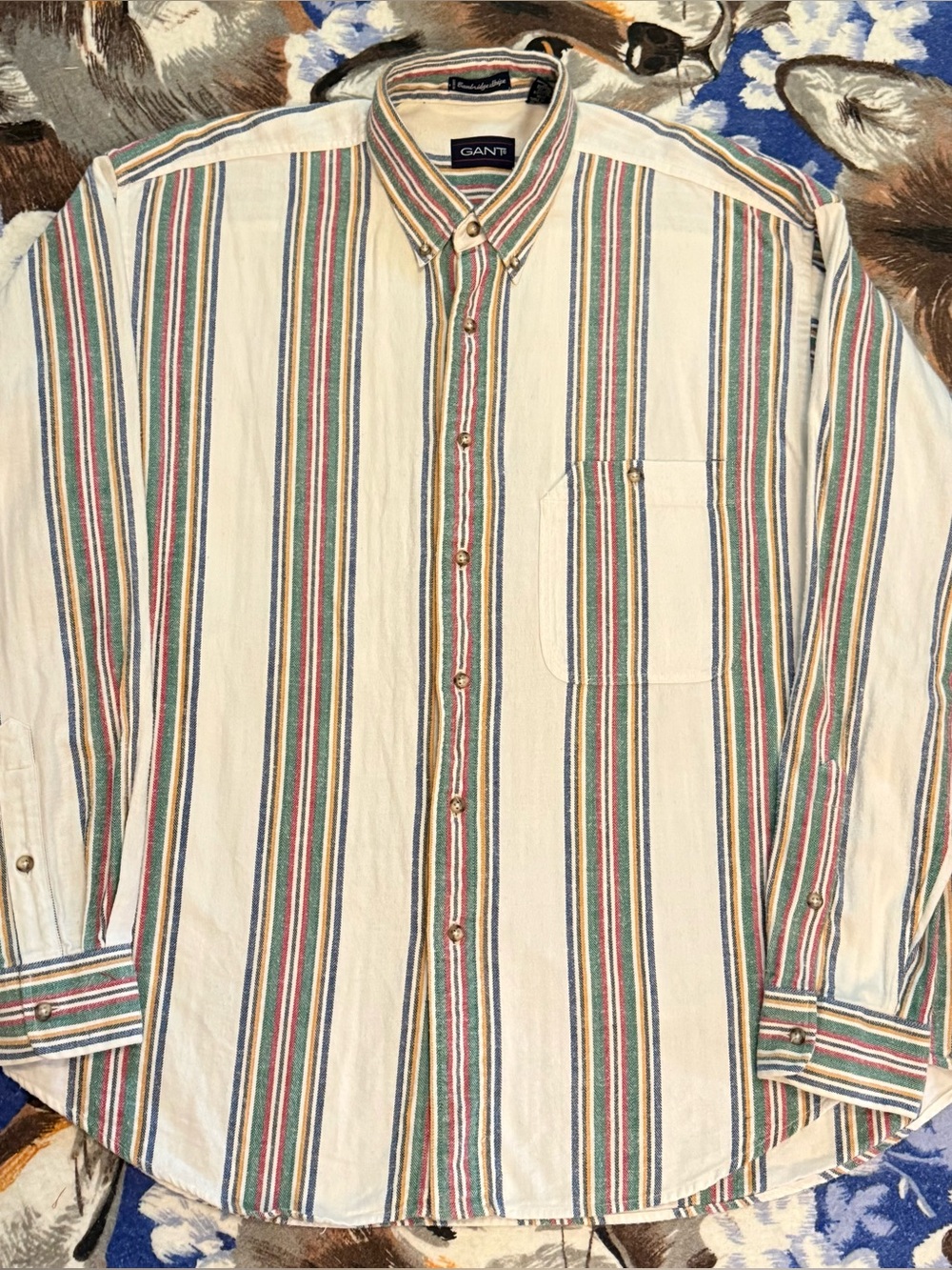 Gant Cream Button-Down Shirt with Blue, Green & Red Stripes